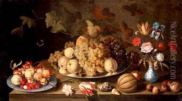 Grapes and pears on a pewter plate, with apples, cherries and grapes on a Wanli plate, flowers in a vase and a melon, nuts and shells on a tabletop Oil Painting - Balthasar Van Der Ast