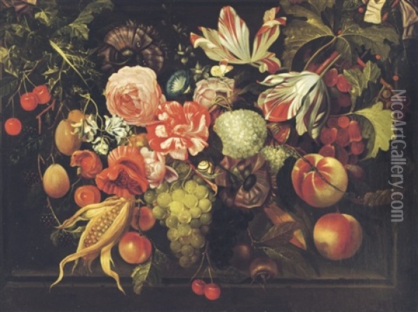 A Garland Of Grapes, Corn And Flowers In A Niche Oil Painting - Jakobus Rootius