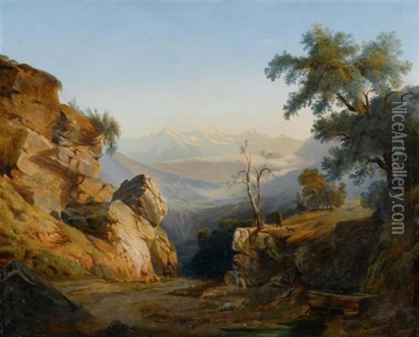 Weite Alpenlandschaft Mit Einem Hirten Und Einem Wanderer Oil Painting - Paul Jourdy