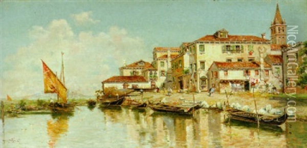 A Venetian Village Oil Painting - Antonio Maria de Reyna Manescau