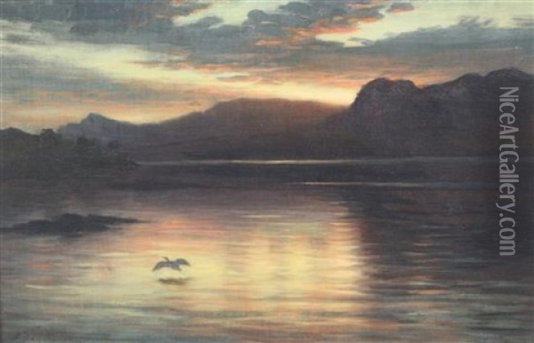 Sunset Over A Loch With A Heron In Flight Oil Painting - Joseph Farquharson