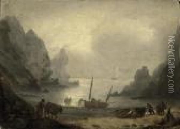 A Rocky Coastal Inlet With Fishermen And Their Boats On Thebeach Oil Painting - Thomas Luny