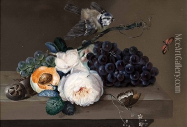 Obststillleben Mit Rose Und Vogel Oil Painting - Johann Baptist Drechsler