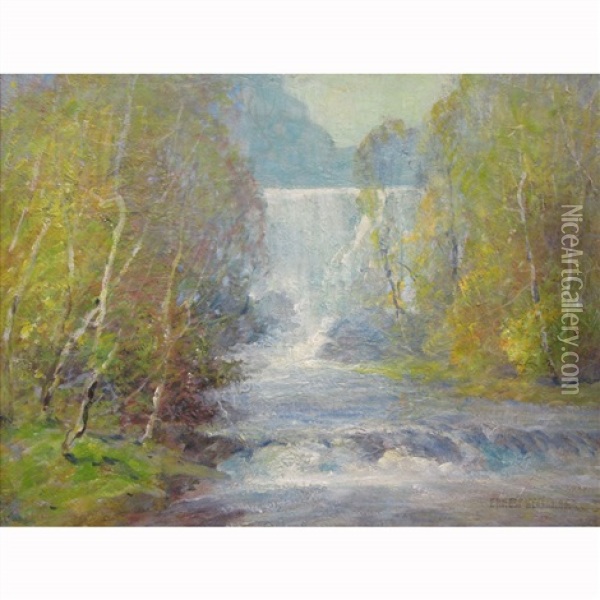 Birches And Waterfall Oil Painting - Ernest Albert