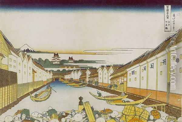 Nihonbashi in Edo (Edo Nihonbashi) Oil Painting - Katsushika Hokusai