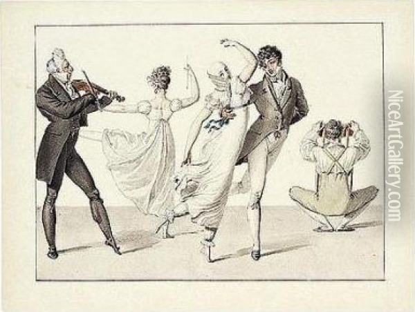 Elegant Ladies And Gentlemen Dancing To A Fiddler Oil Painting - Horace Vernet