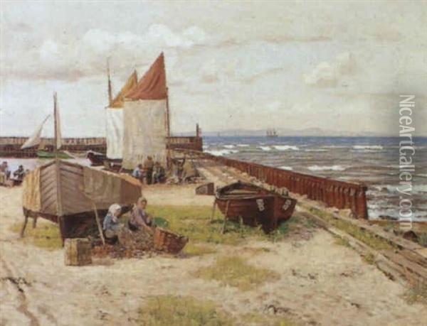 Fiskerleje Med Fiskere Og Fiskerkoner Oil Painting - Nils Severin Lynge Hansteen