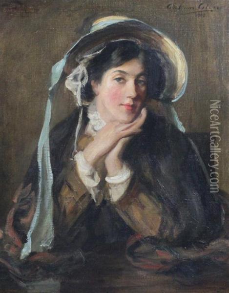 Portrait Of A Lady With Blue Ribbon Tied Bonnet Oil Painting - Graham De Glen