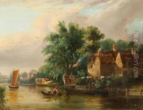 The Bishop's Bridge, Norwich, With The Devil's Tower Beyond Oil Painting - Alfred Stannard