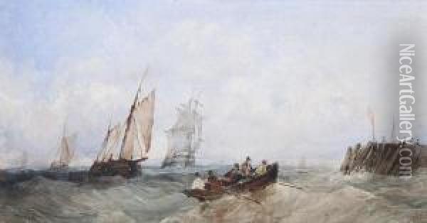 Fishermen In A Rowing Boat, Before Three Fishing Boats In A Choppy Sea Oil Painting - Edward Tucker