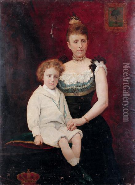 Retrato De La Reina Maria Cristina Y Don Alfonso Xiii, Nino Oil Painting - Cesar Alvarez Dumont