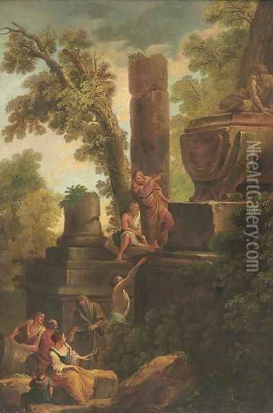 A capriccio of a tomb with onlookers Oil Painting - Giovanni Paolo Panini