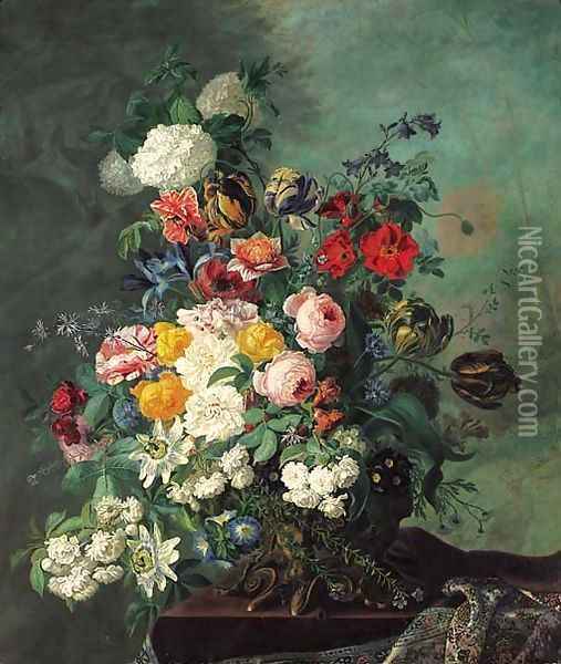 Still life with flowers on a ledge Oil Painting - Jean Benner