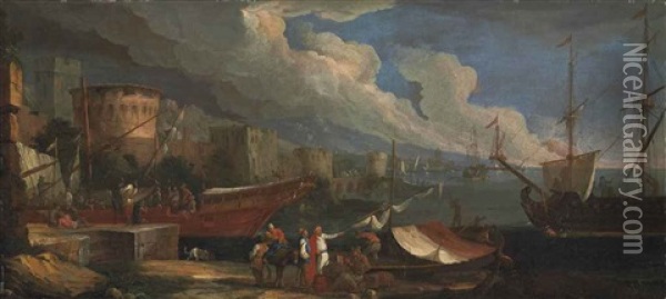 A Coastal Landscape With Figures Conversing On The Harbour And Anchored Ships Beyond Oil Painting - Luca Carlevarijs