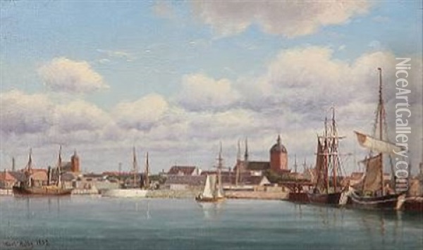 Summer Day At A Danish Harbour City Oil Painting - Carl Ludwig Bille
