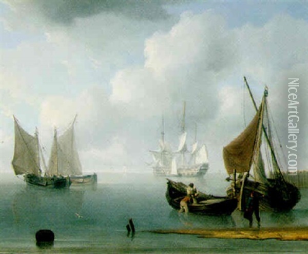 Shipping In A Calm Off Weymouth With Fishermen In The Foreground Oil Painting - Charles Martin Powell