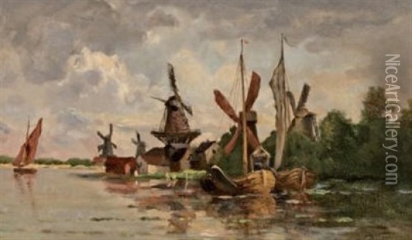 Moulins A Dordrecht Oil Painting - Charles Francois Daubigny