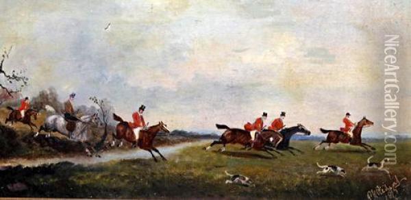 Huntsmen, Horses And Hounds Gathered Before A Hunt, Together With Another, A Pair Oil Painting - Philip H. Rideout