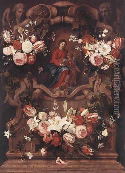 Floral Wreath with Madonna and Child Oil Painting - Daniel Seghers