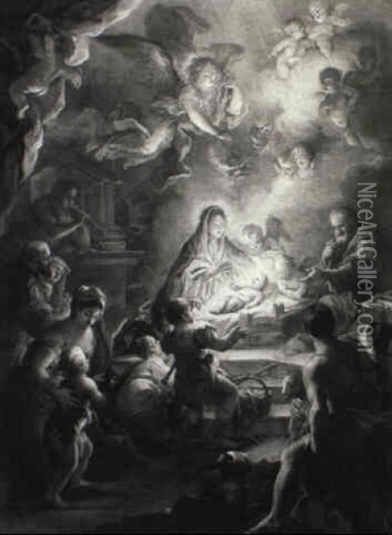 Adoration Of The Shepherds With Angels In An Interior Oil Painting - Paolo de Matteis