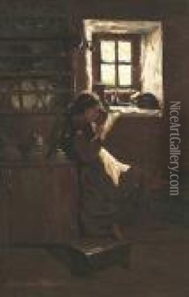 A Young Girl Seated By A Kitchen Window Reading Oil Painting - Peter MacGregor Wilson
