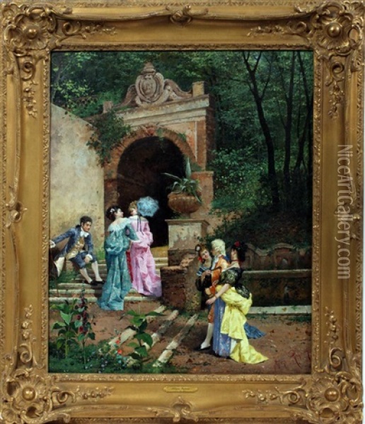 Four Ladies And Two Gentleman Strolling Through A Classical Architectural Landscape Oil Painting - Filippo Indoni