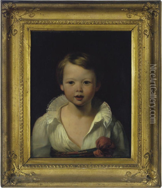 Portrait Of A Young Girl, Bust-length, In A White Shirt And Redsash Oil Painting - Luigi Fioroni