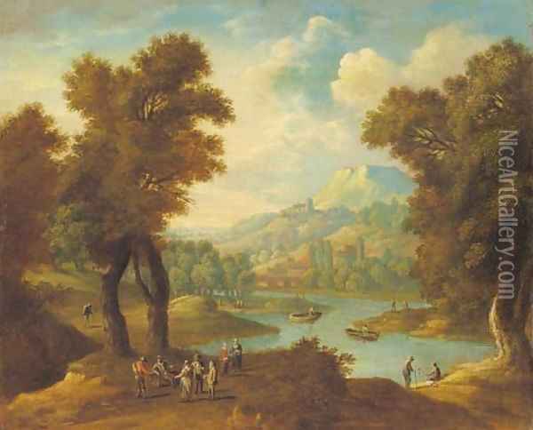 A rocky wooded landscape with peasants conversing on a track Oil Painting - Mathys Schoevaerts