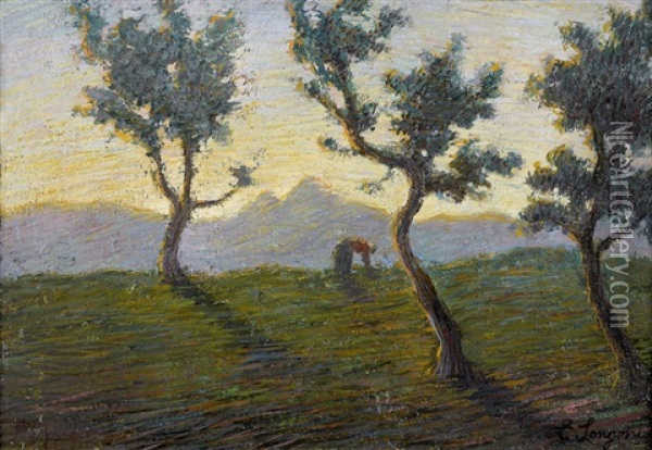 Landschaft Mit Baumen Und Bauerin Im Abendlicht Oil Painting - Emilio Longoni