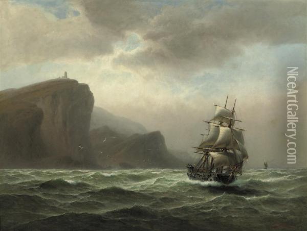 A Three-master By A Rocky Coast Oil Painting - Franz Johann (Wilhelm) Hunten