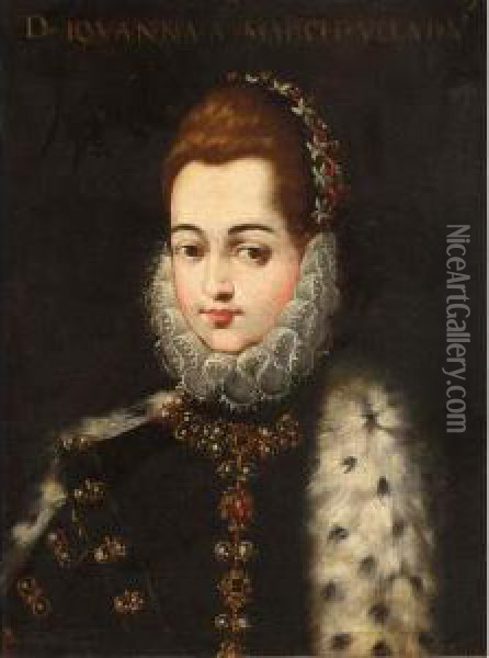 A Portrait Of A Noble Lady, Bust
 Length, Wearing A Dress Decorated With Gold And Gemstones, A White Lace
 Collar And An Ermin-lined Coat Oil Painting - Alonso Sanchez Coello