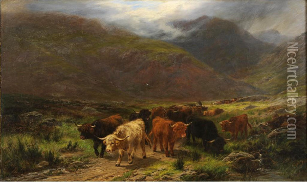 Herding Cattle In A Highland Glen Oil Painting - Henry Garland