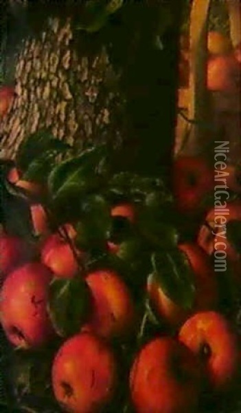 Basket Of Apples Beneath                                    A Tree Oil Painting - Levi Wells Prentice