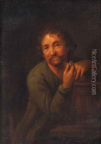 A bearded man with a pipe, leaning on a wooden pail Oil Painting - Godfried Schalcken