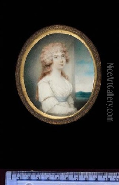 A Lady Wearing White Dress With Pale Blue Waistband And Strand Of Pearls Around The Sleeve, Her Hair Powdered, She Sits Before An Open Window Oil Painting - Henry Bone