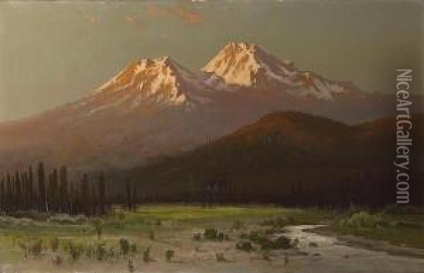 Sunset On Mt. Shasta From Sissons, California Oil Painting - Frederick Ferdinand Schafer