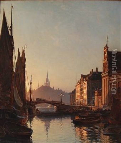 Kanalen Ved Holmens Bro. I Baggrunden Helligandskirkens Spir Oil Painting - Christian Ferdinand Andreas Molsted