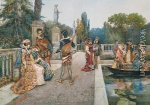 A Park Scene With Strollers And A Luteplayer Oil Painting - Pietro Gabrini