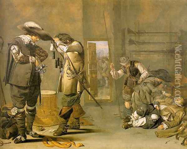 Soldiers Arming Themselves 1630s Oil Painting - Jacob Duck