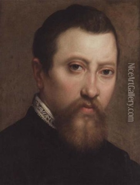 A Portrait Of A Bearded Gentleman Wearing Black With A White Lace Collar Oil Painting - Annibale Carracci