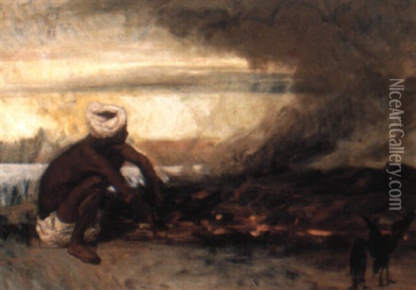 An Arab Lighting A Fire Oil Painting - Jean Joseph Benjamin Constant
