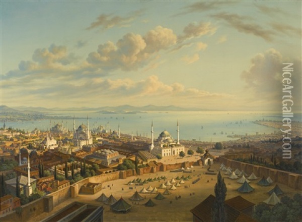 Constantinople From The Fire Tower Of Beyazit Oil Painting - Hubert Sattler