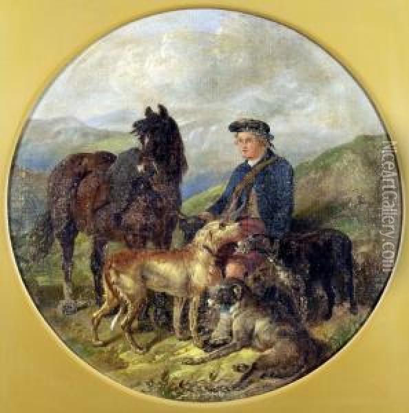 End Of Day, Scotsman, Wolfhounds And Horse In Landscape Oil Painting - Henry Woollett