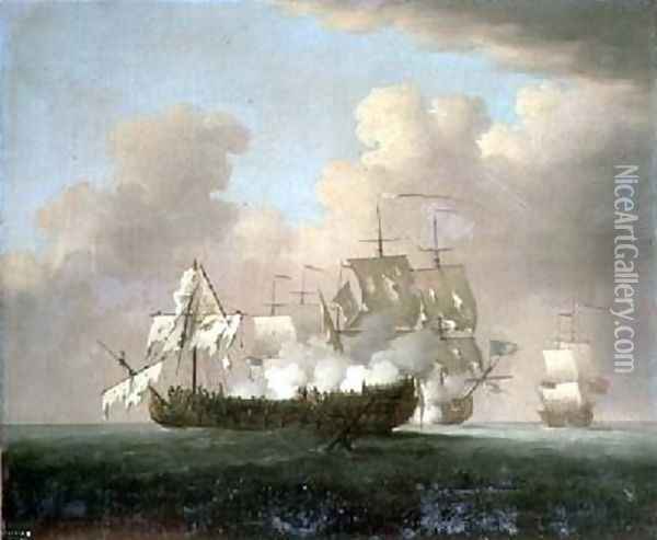 A Naval Engagement Oil Painting - Peter Monamy