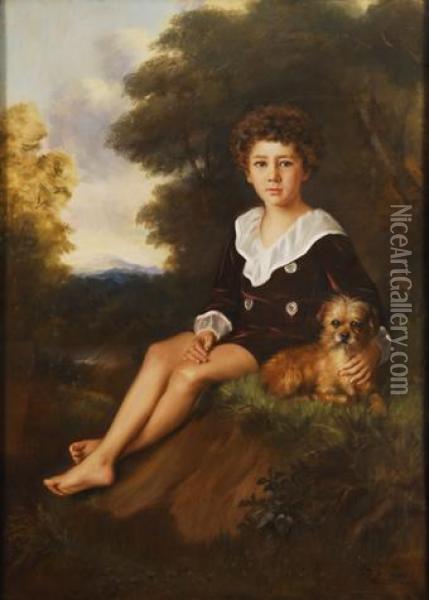 Retrato De Nino, De Cuerpo Entero, Sentado Ante Un Paisaje Con Un Perro. Oil Painting - Enrique Dorda Rodriguez