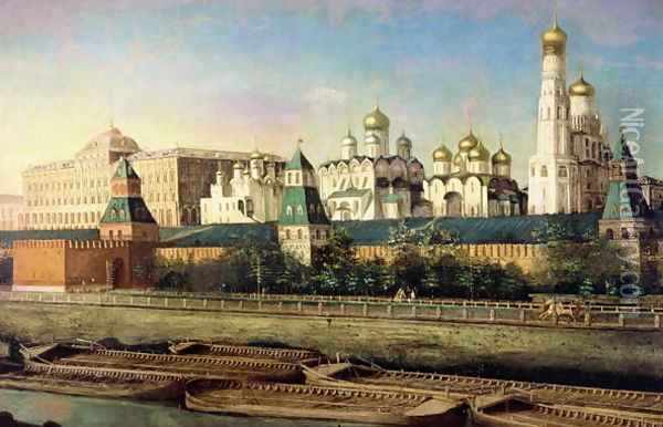 View of the Moscow Kremlin from the Embankment Oil Painting - Nikolay Ivanovich Podklyuchnikov