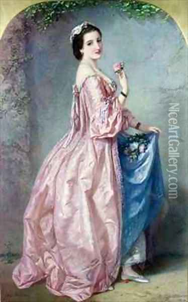 Lady holding Flowers in her Petticoat Oil Painting - Augustus Jules Bouvier