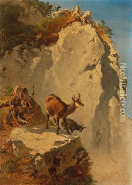 Two Chamois In The High Mountains Oil Painting - Anton Schroedl
