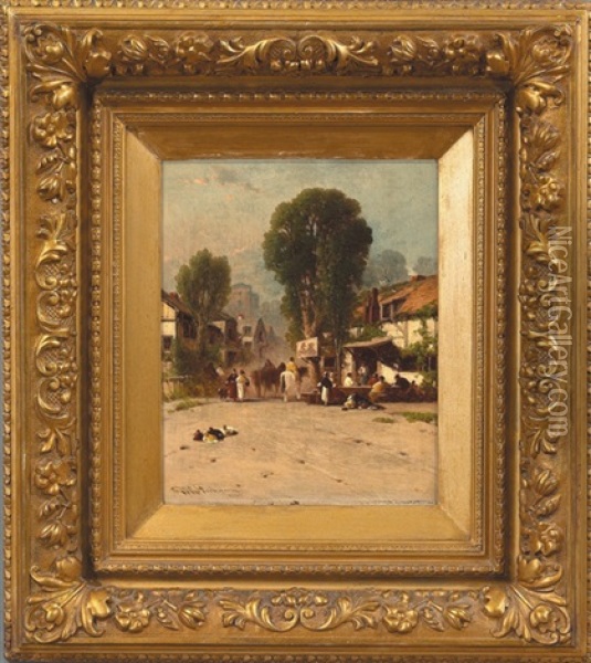 A Village Market Scene Oil Painting - George Washington Nicholson
