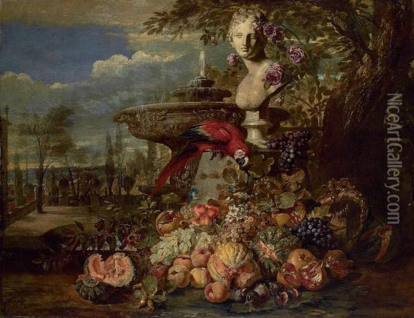 A Parrot, Melons, Peaches, Pomegranates, Grapes, Cherries Andtrailing Blossoms In An Italianate Park Oil Painting - David de Coninck
